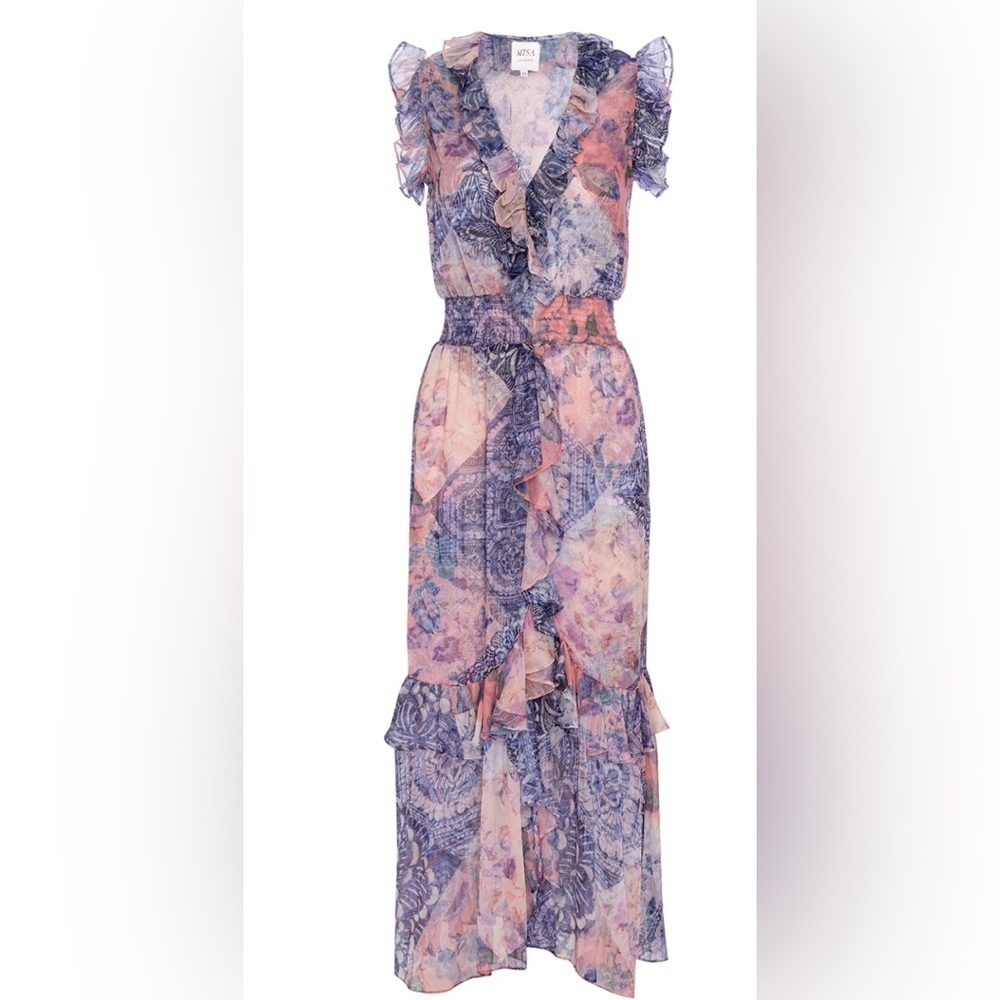 Misa NWOT Kidada Blue and Pink Flowy Midi Dress in Namaskar Patchwork